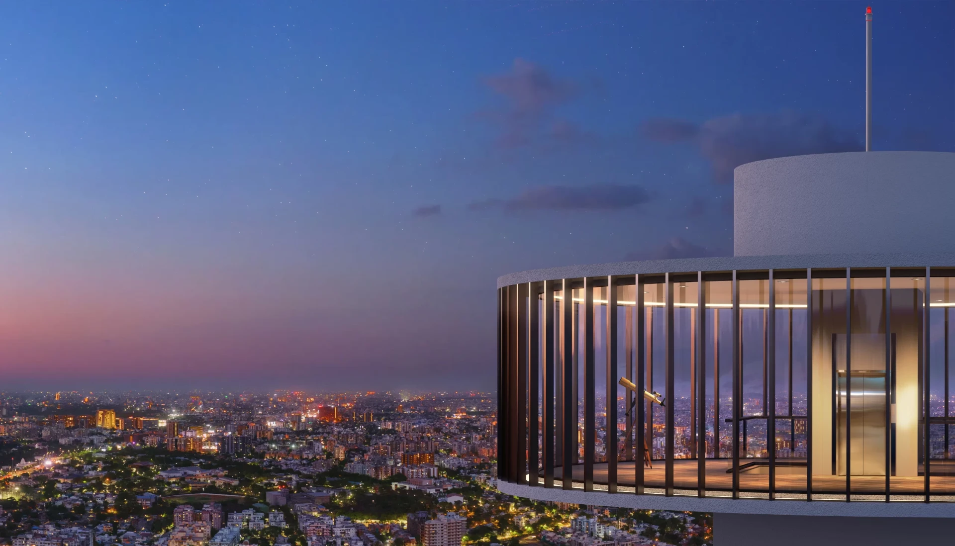Rooftop observation deck overlooking the Ahmedabad skyline at sunset